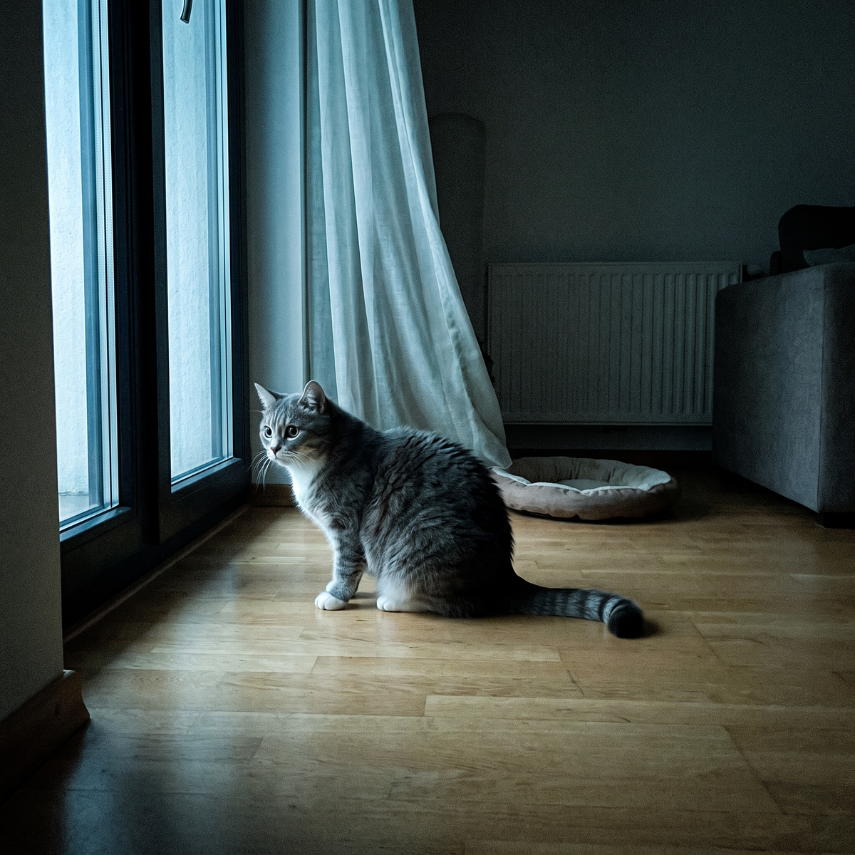 Restless cat awake on a cold floor at night