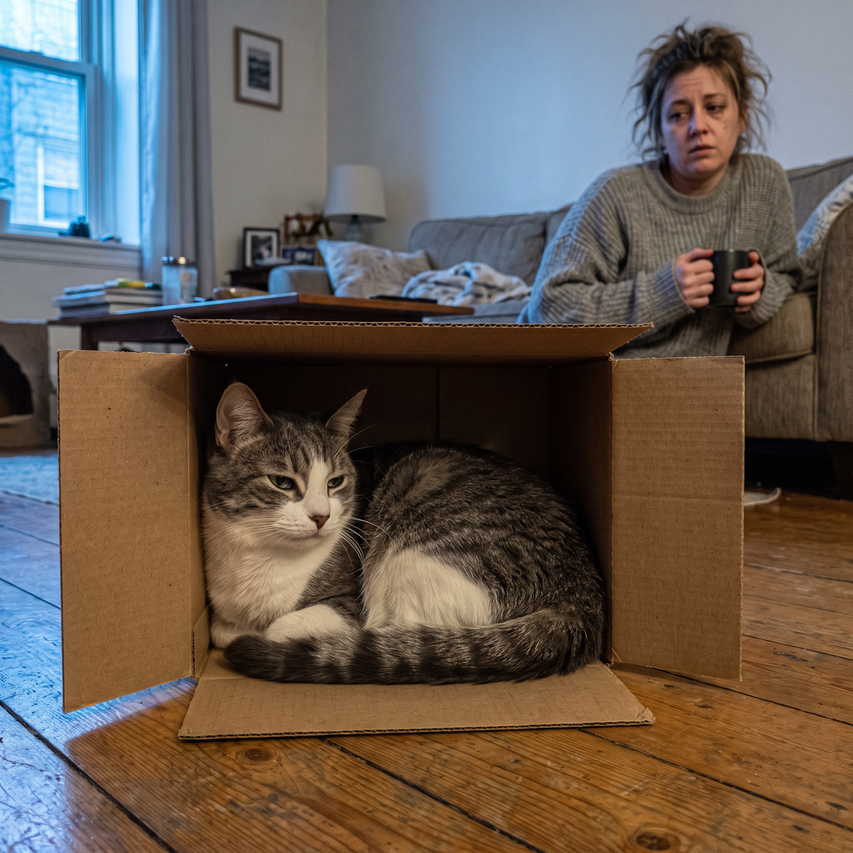 Cat curled up in a cardboard box looking for warmth