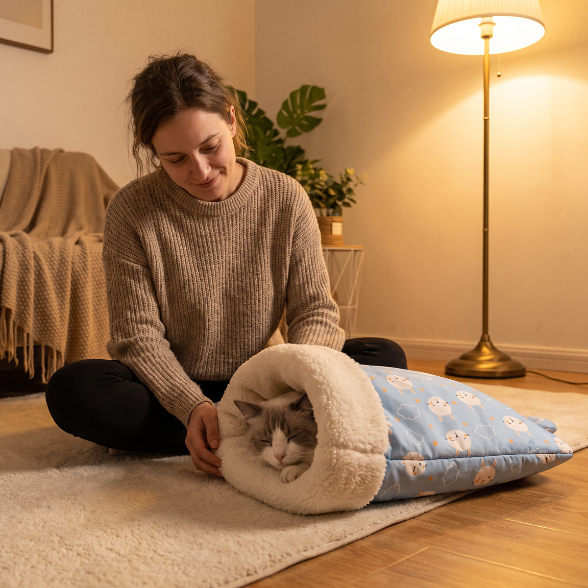 Cat sleeping peacefully inside the Lullapaw sleeping bag